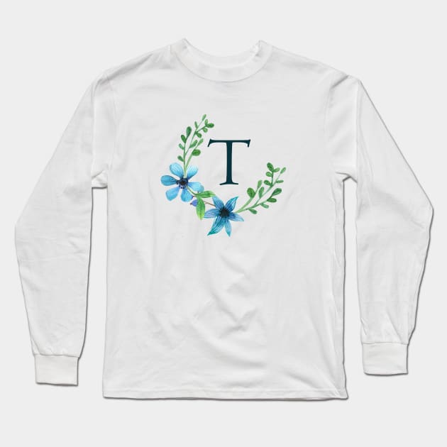 Floral Monogram T Pretty Blue Flowers Long Sleeve T-Shirt by floralmonogram